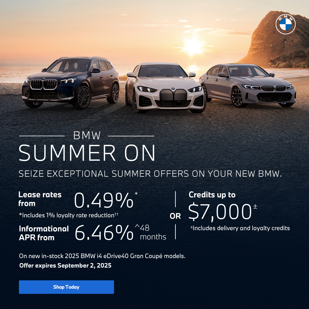BMW promotional image highlighting summer BMW deals and lease specials